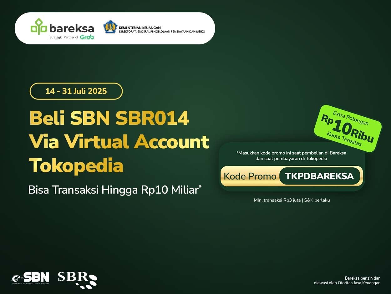 Beli SBR014 di Bareksa, Ini Cara Bayar SBN Pakai Virtual Account Tokopedia hingga Rp10 Miliar