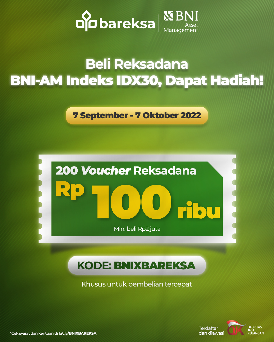 Promo Beli Reksa Dana BNI-AM Indeks IDX30 di Bareksa, Raih Cashback Rp100 Ribu