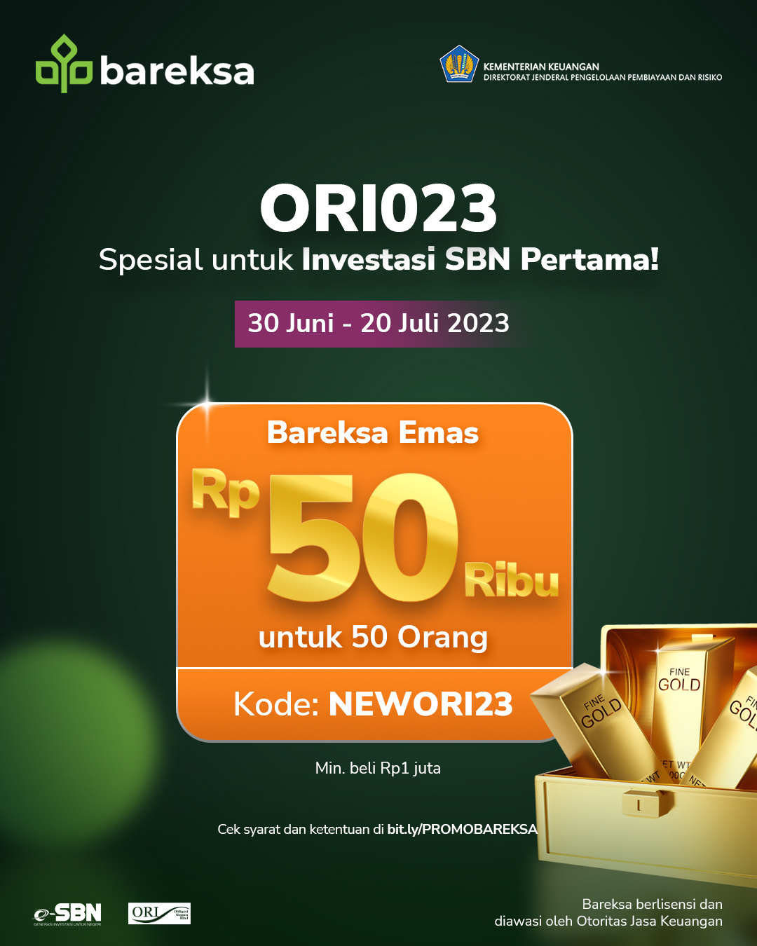 Promo Investor Baru SBN Ritel Bareksa, Beli ORI023 Berhadiah Emas Rp50 Ribu