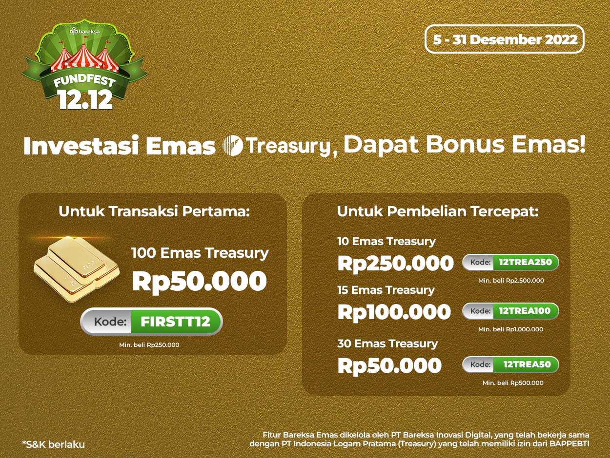 Promo FundFest 12.12 Beli Emas Treasury Berhadiah Voucher hingga Rp250 Ribu