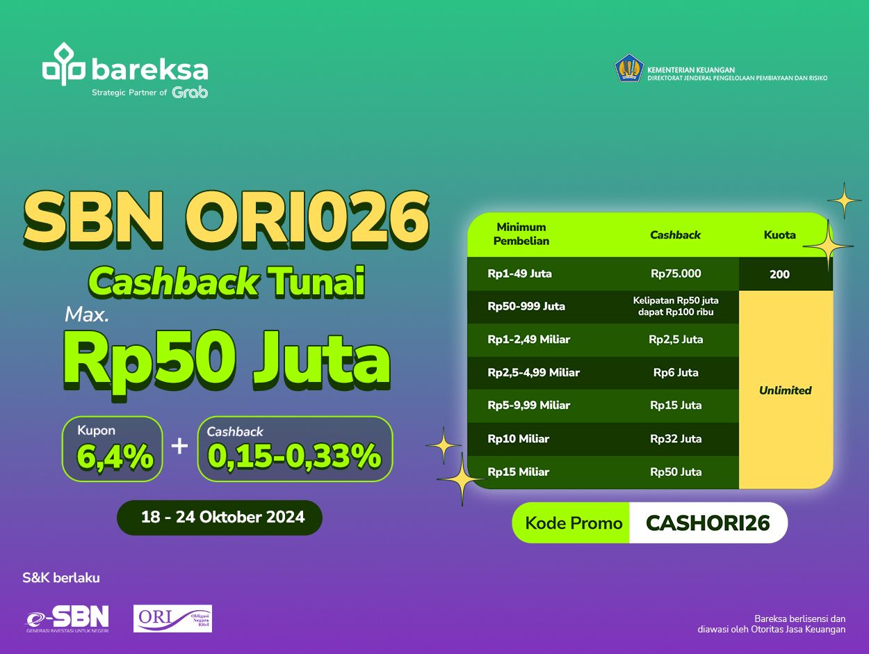 Raih Cashback Tunai hingga Rp50 Juta, Ayo Beli SBN ORI026 di Bareksa