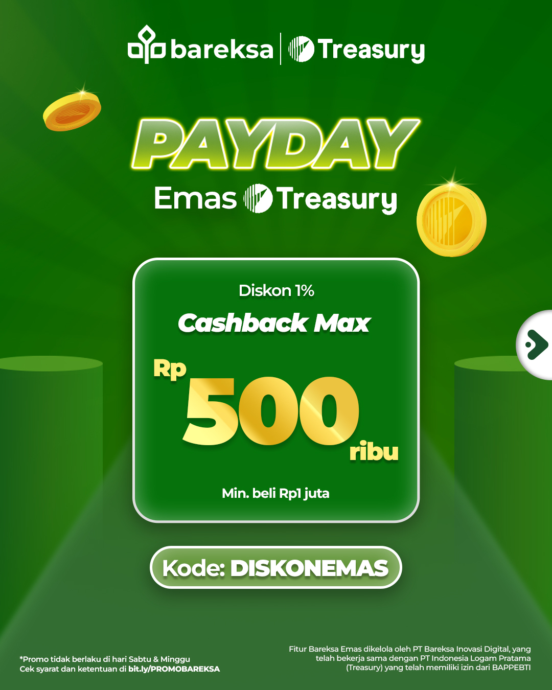 Promo Gajian Emas Treasury di Bareksa, Raih Cashback hingga Rp500 Ribu