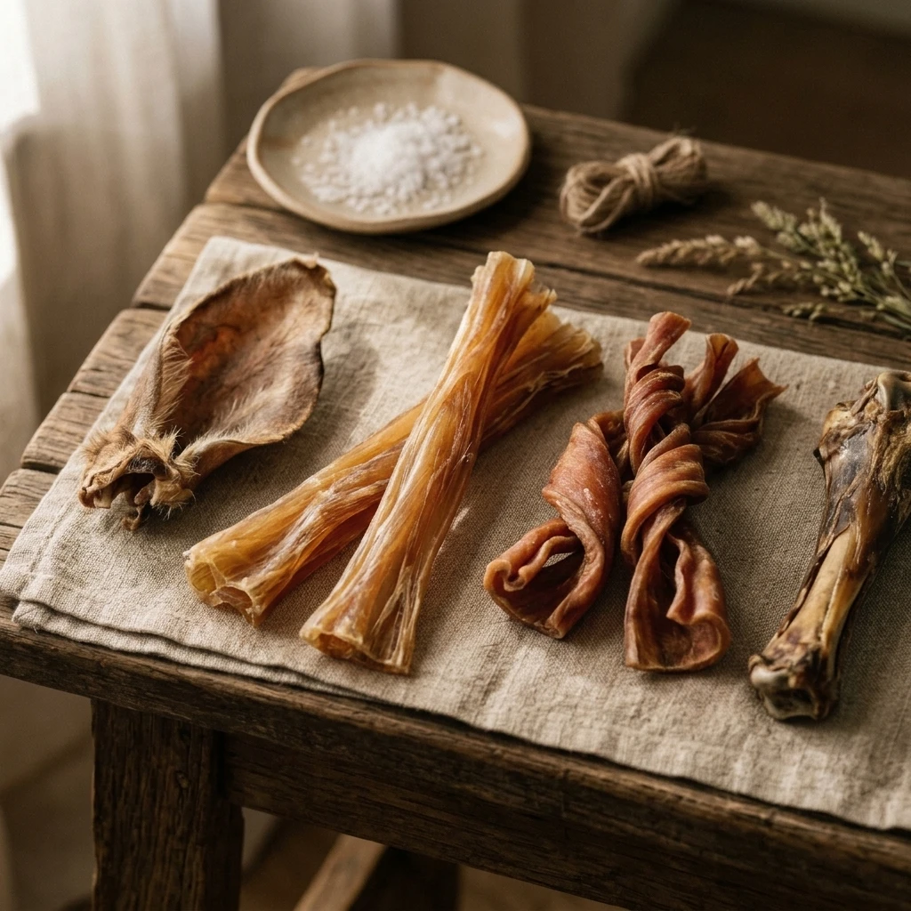 Naturalne jednoskładnikowe gryzaki dla psa o różnej twardości w manufakturze PAN DOG