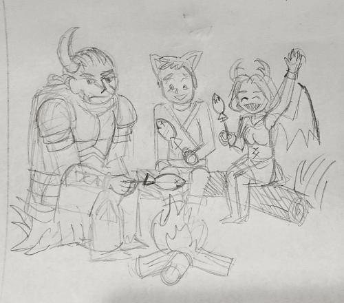 Keldael, Joe, and Willow having fish over a campfire