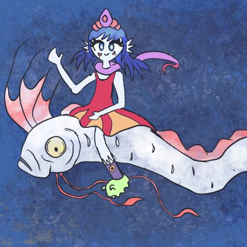 Abyssia riding on an oarfish