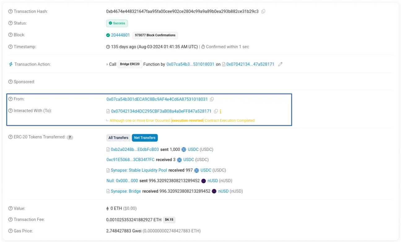 A detailed view of an Etherscan transaction showing a successful bridge transfer, including wallet addresses, token amounts, smart contract interactions, and gas fees for cross-chain activity.
