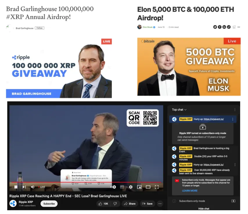 This image shows multiple cryptocurrency giveaway scam promotions, featuring fake airdrop landing pages for Brad Garlinghouse and Elon Musk on platforms like Twitter, alongside a YouTube livestream scam falsely using Garlinghouse’s likeness to lure victims into sending cryptocurrency. Source: Give and Take: An End-To-End Investigation of Giveaway Scam Conversion Rates, pg. 3.