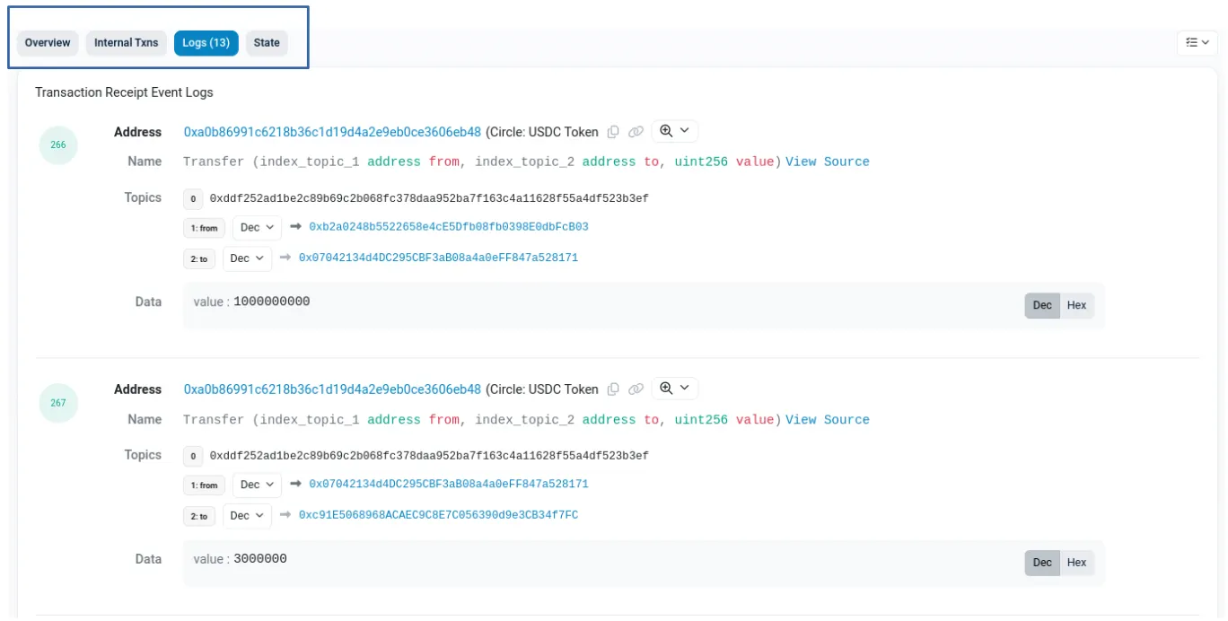 A blockchain explorer’s transaction receipt event logs display USDC transfers, including sender and recipient addresses, data values, and indexed topics for tracking swap-related external calls.