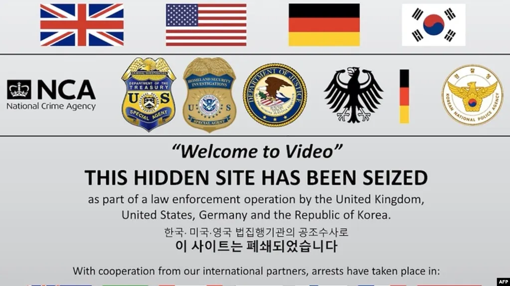 This image shows a notice of seizure for the dark web site ‘Welcome to Video’, indicating its shutdown by law enforcement agencies from the United Kingdom, United States, Germany, and South Korea. It highlights the involvement of international partners, including countries such as Australia, Brazil, Canada, France, and others, in the operation that led to the arrests of the site’s operator and hundreds of users globally. Source: Hundreds Arrested in Child Pornography Site Takedown, voanews.