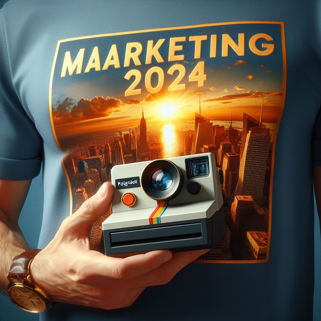 a photographer holding a polaroid camera with a t-shirt with the text Marketing 2024, golden blue hour. very realistic