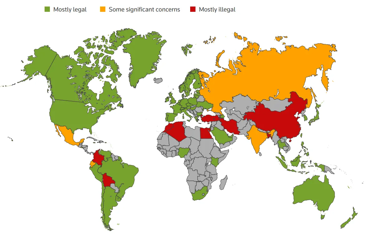 This world map illustrates cryptocurrency regulations by country, with green representing mostly legal, orange indicating some significant concerns, and red marking mostly illegal regions. Source: Cryptocurrency regulations by country, Thomas Reuters.