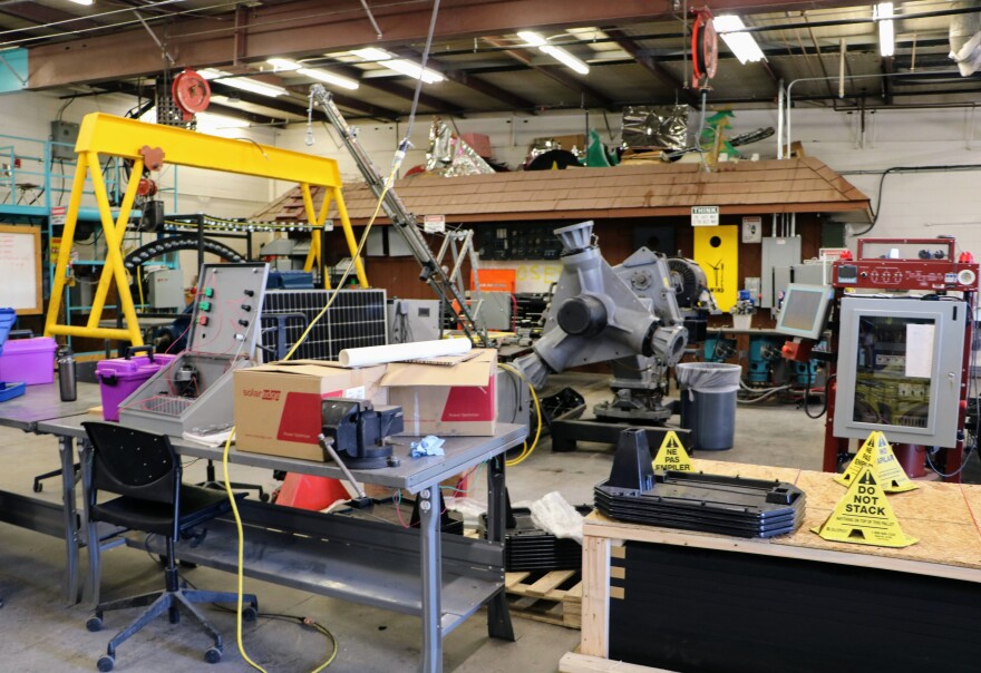 A view inside the Wind Tech lab at Northeastern Junior College on April 8, 2024. The lab is crowded with equipment designed to train students to work in renewable energy careers.