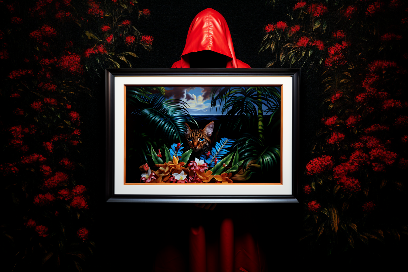 Finally, I got it! Prompt: A man with red hood holding the painting. Black background. --ar 3:2