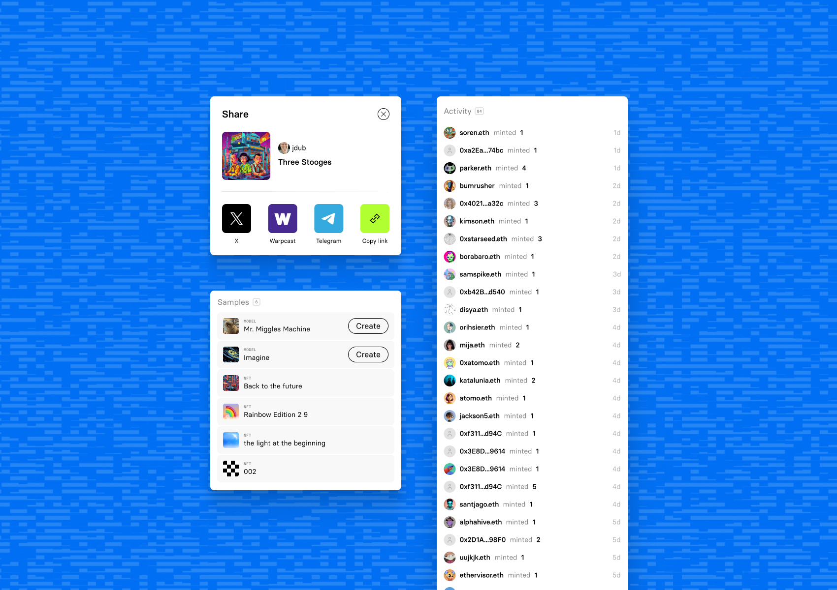 View samples, easily share, and explore your who's minting.
