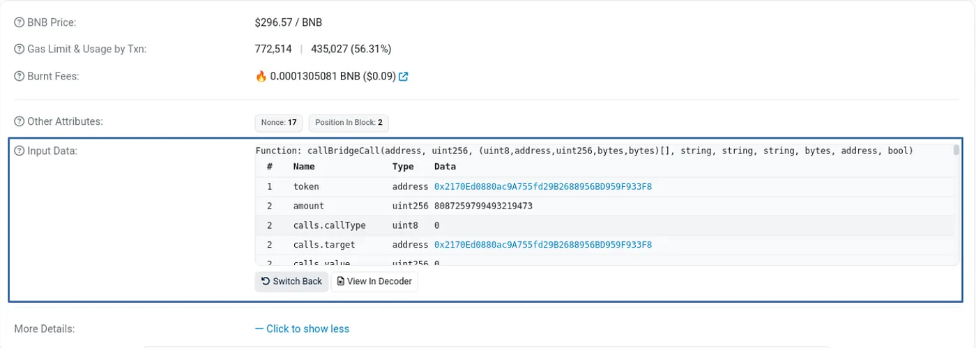 A blockchain transaction input data section displays token details, transfer amount, and recipient address for a cross-chain call, including the destination chain and recipient without the leading “0x.”