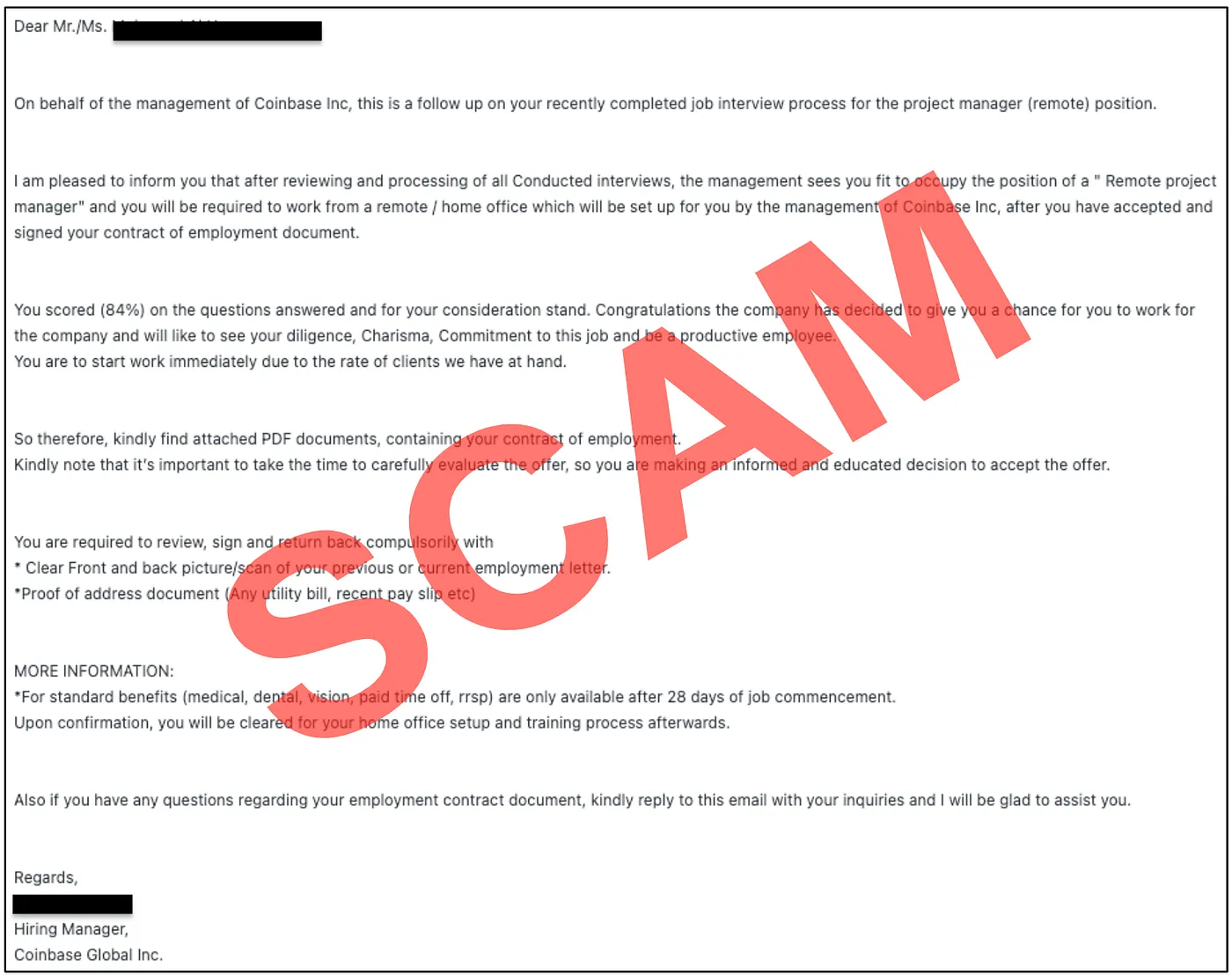 An employment scam email falsely claiming to be from Coinbase, offering a remote project manager position and requesting personal information under the guise of processing the job application. The email is marked with a large red “SCAM” stamp to highlight its fraudulent nature. Source: Security PSA: employment scams, Coinbase.