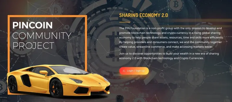 The Pincoin Community Project advertisement features a yellow sports car and promotes the development and promotion of blockchain technology and cryptocurrency within a global sharing economy, positioning it as a way to streamline commerce and create value. Source: Pincoin.io: The $660 Million Scam ICO Business, SecurityTrails.
