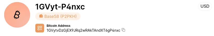 Figure 1. A screenshot showing a P2PKH Bitcoin address (1GVytvDzGjEX9JRq2wRAkTAndXT6gP4nxc) using the Base58 format. Source: Blockchain.com.