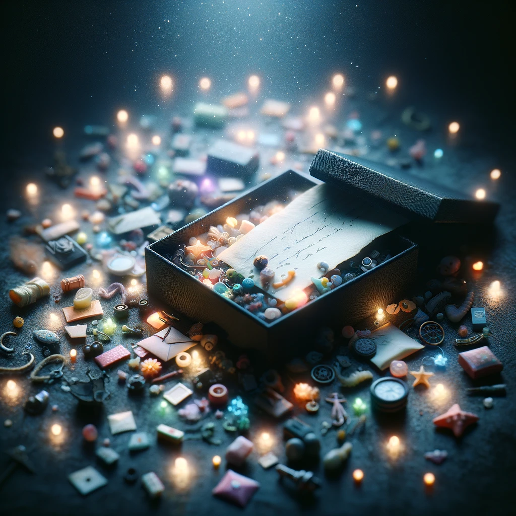 A small black box lies open in a dark, dreamy environment, its contents spilled out in a chaotic yet beautiful display. Among the scattered items is a letter, not neatly placed but tossed with a variety of tiny, glowing objects. These objects, unorganized and random, each emit a soft, ethereal glow, illuminating their surroundings with light that seems to pulse with memories, feelings, and connections to people. The atmosphere is filled with a sense of mystery and magic, as if the viewer has stumbled upon a treasure trove of personal memories, each object inviting exploration and wonder.