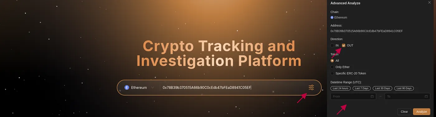Figure 2. The image displays the advanced search panel on MetaSleuth’s website, where a user can select Ethereum as the blockchain, input a specific address, and choose filters for transaction direction (IN or OUT), token type, and a specific date range before clicking “Analyze.”