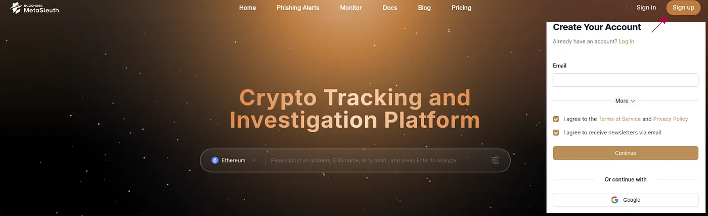 Figure 1. The image shows the MetaSleuth website’s homepage titled “Crypto Tracking and Investigation Platform,” a search bar for entering addresses, and a sign-up button on the top right.