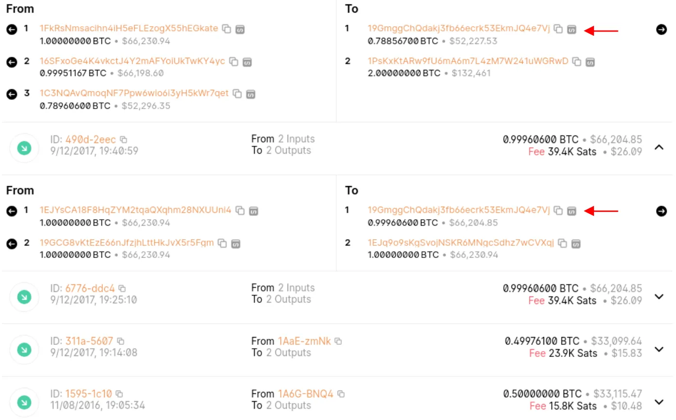 Figure 10. A detailed view of Bitcoin transaction records showing multiple transactions with inputs and outputs, including Bitcoin amounts, addresses, transaction fees, and timestamps, illustrating the flow of Bitcoin between different addresses. Source: Blockchain.com.