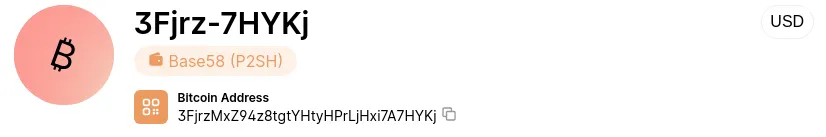 Figure 2. A screenshot showing a P2SH Bitcoin address (3FjrzMxZ94z8tgtYHtyHPrLjHxi7A7HYKj) using the Base58 format. Source: Blockchain.com.