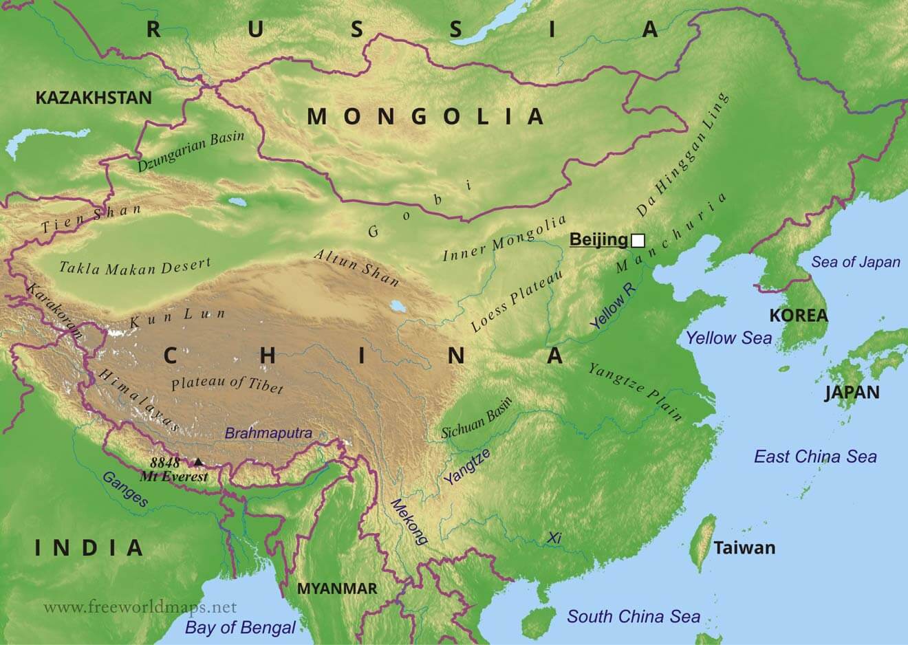 The country name China in Chinese is "中國",  which means "the central nation". Image link : https://www.freeworldmaps.net/asia/china/china-geography-map.jpg