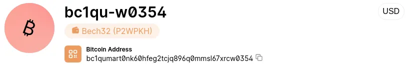 Figure 3. A screenshot showing a bech32 Bitcoin address (bc1qumart0nk60hfeg2tcjq896q0mmsl67xrcw0354). Source: Blockchain.com.