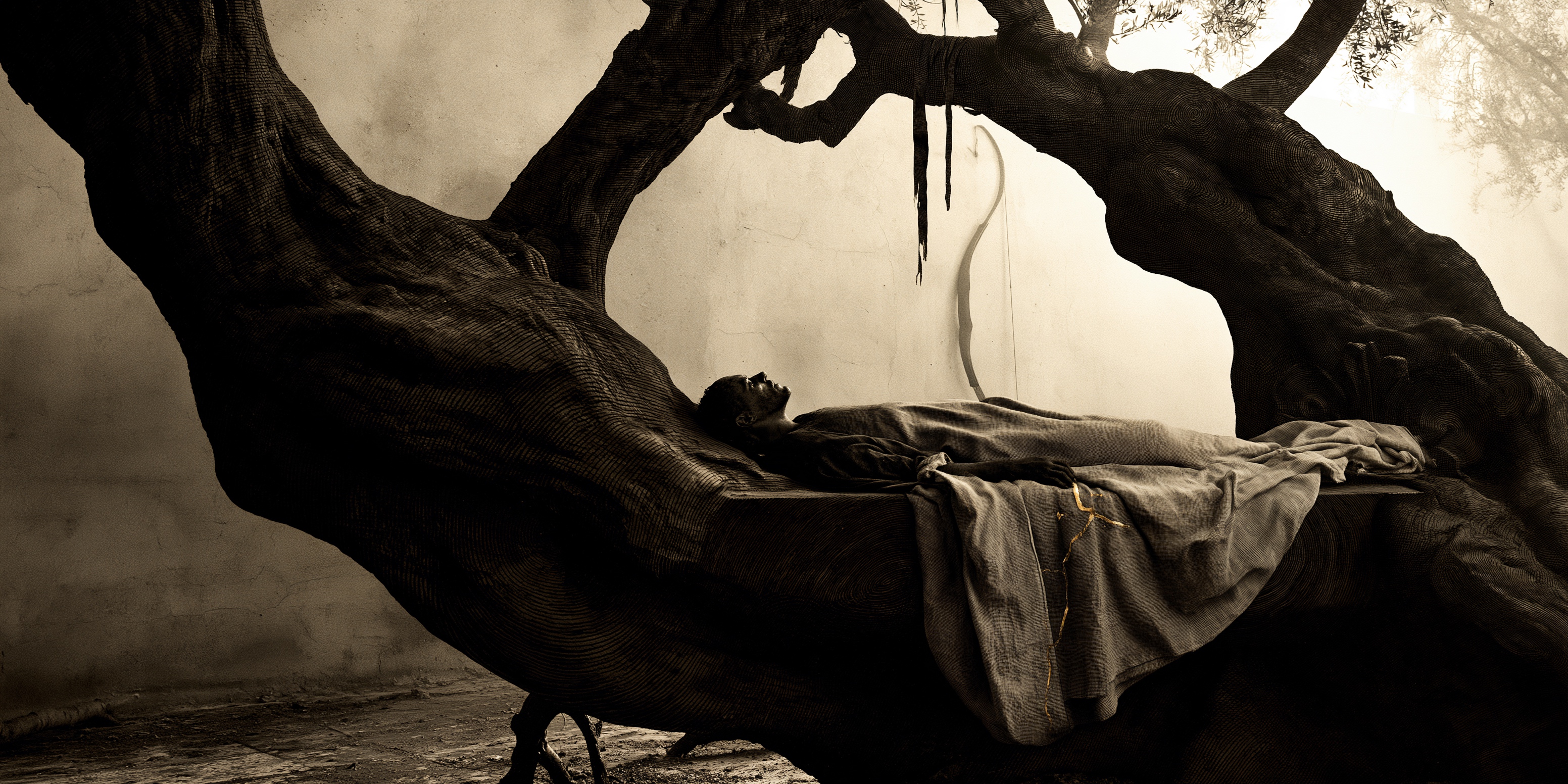 An olive tree with a bed grown into its trunk, an identity proof no database can issue