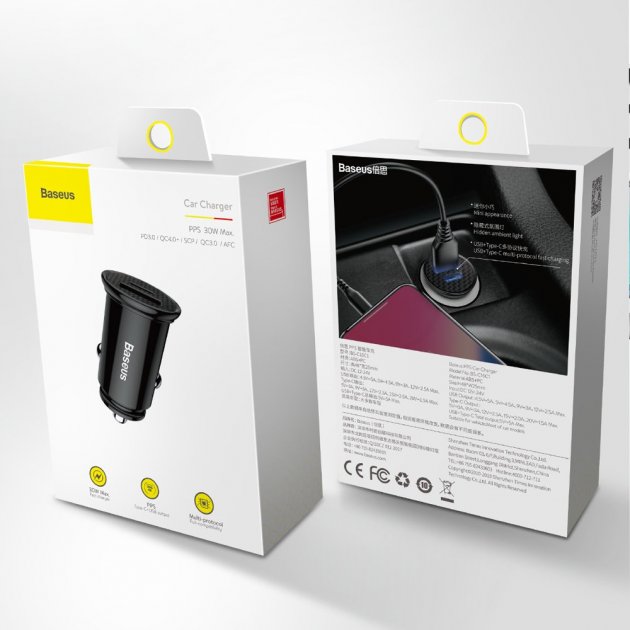 Автомобільний зарядний пристрій Baseus Circular Plastic Швидка зярядка Quick Charge 4.0 + Power Delivery 3.0 30W USB + Type-C 5A Зарядка в авто Black