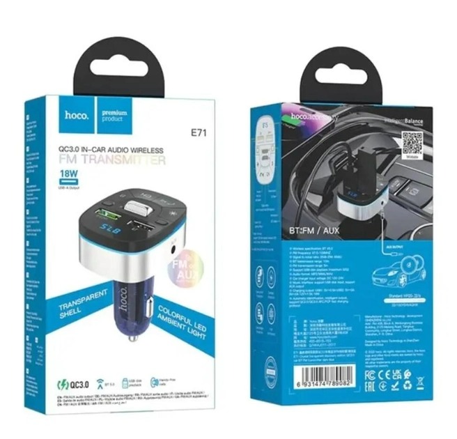 АЗП з FM-модулятором HOCO E71 трансмітер Crystal transparent discovery edition QC3.0 car BT FM transmitter Dark Blue