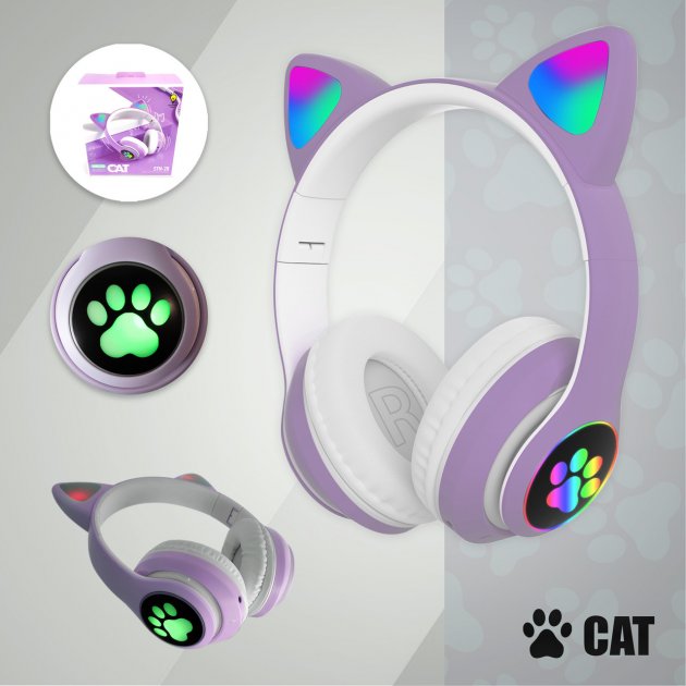 Бездротові навушники YR-28 Cat Ear Headset з вушками та LED підсвічуванням Фіолетові