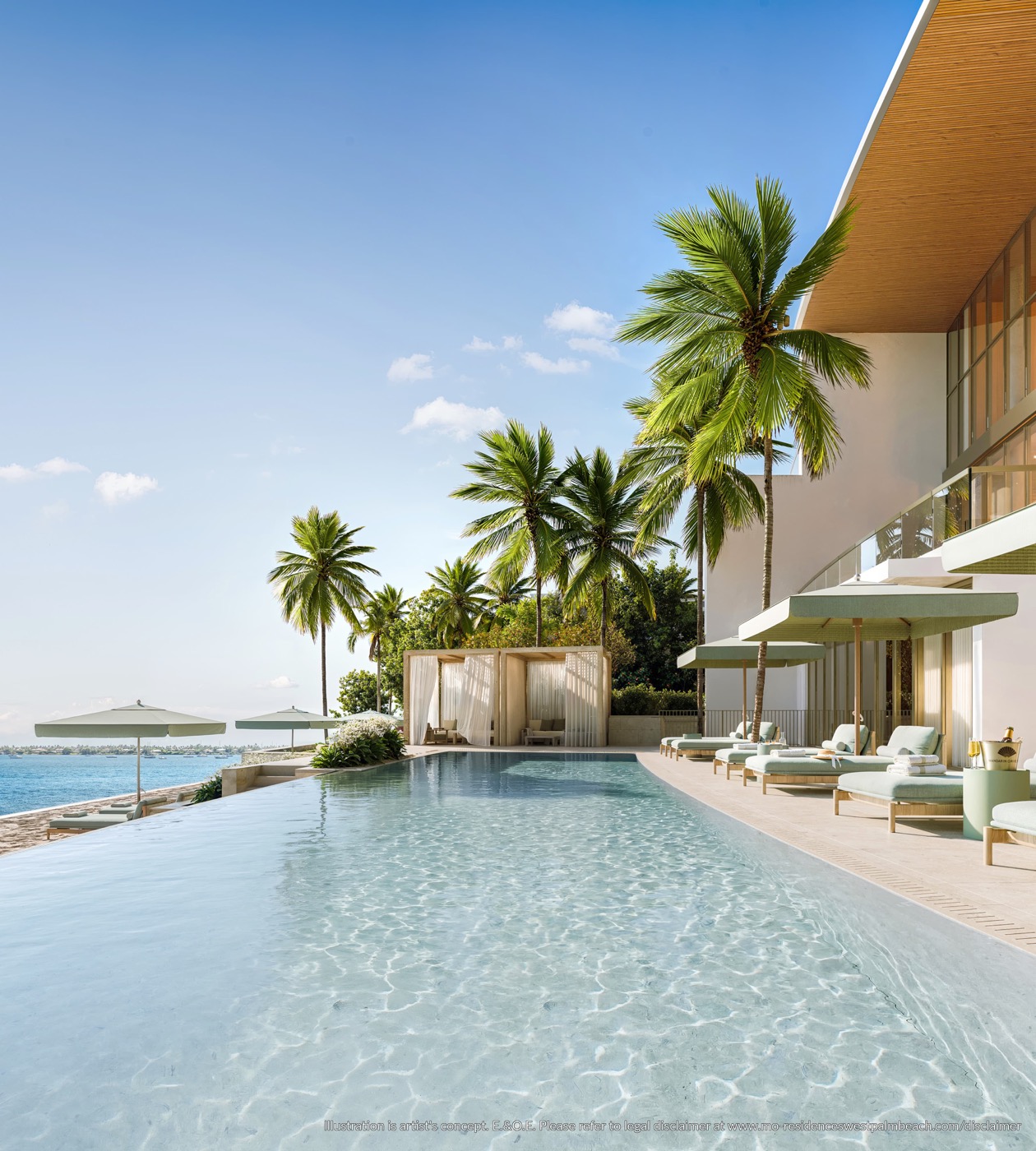 Waterfront infinity pool with cabanas overlooking the Intracoastal Waterway