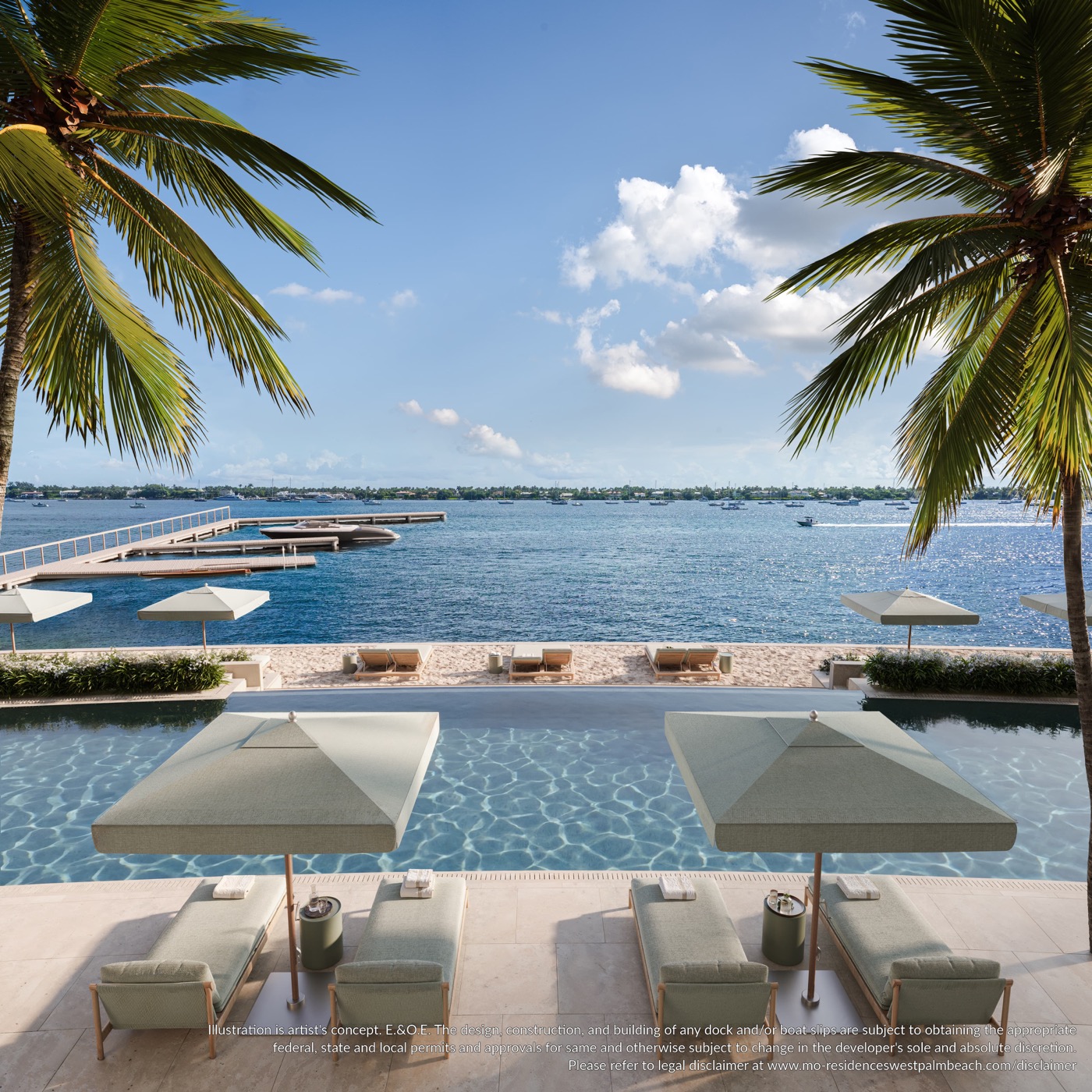 Poolside view with palm canopy, lounge cabanas, and private dock with boat slip