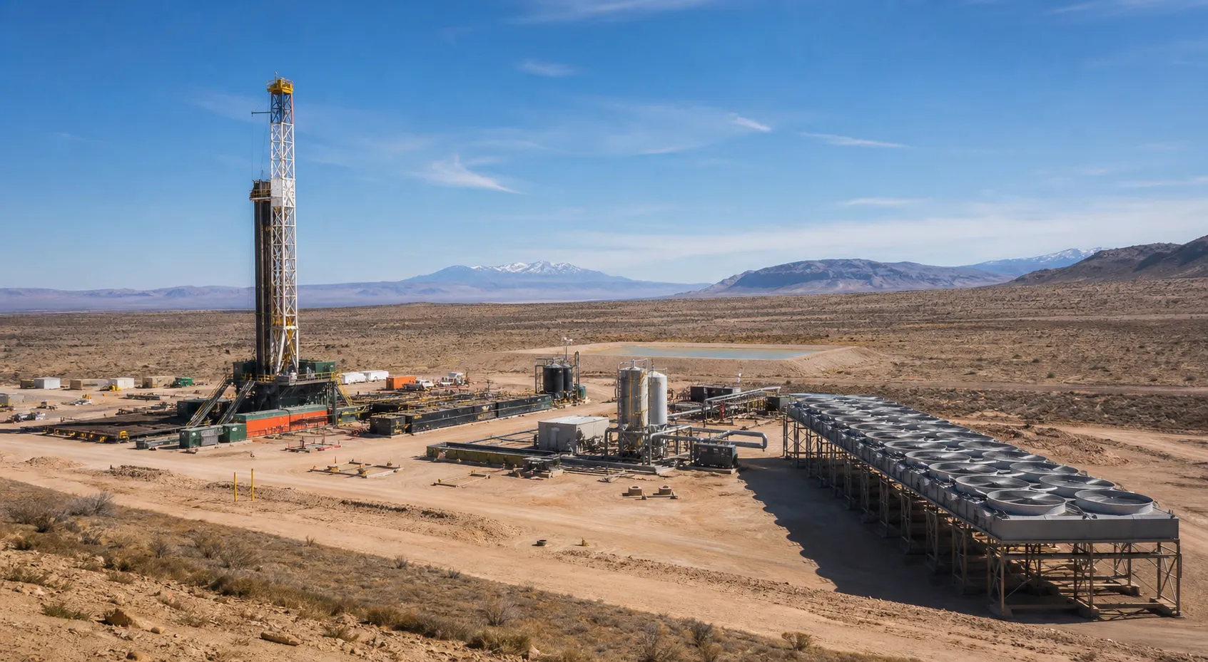 An enhanced geothermal system plant utilizes deep drilling and water circulation to generate electricity.