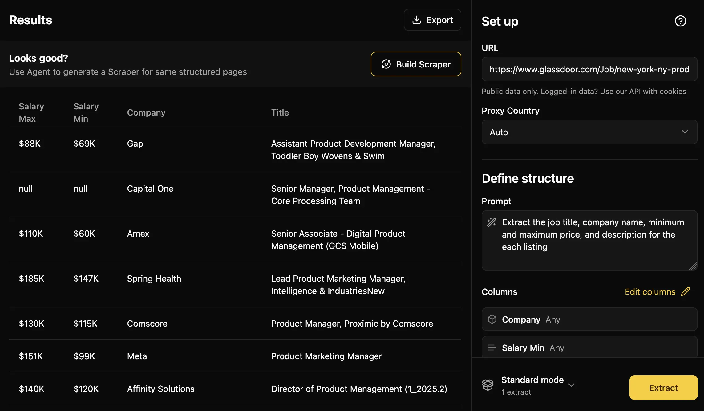 Parsera UI showing data extraction from a product page