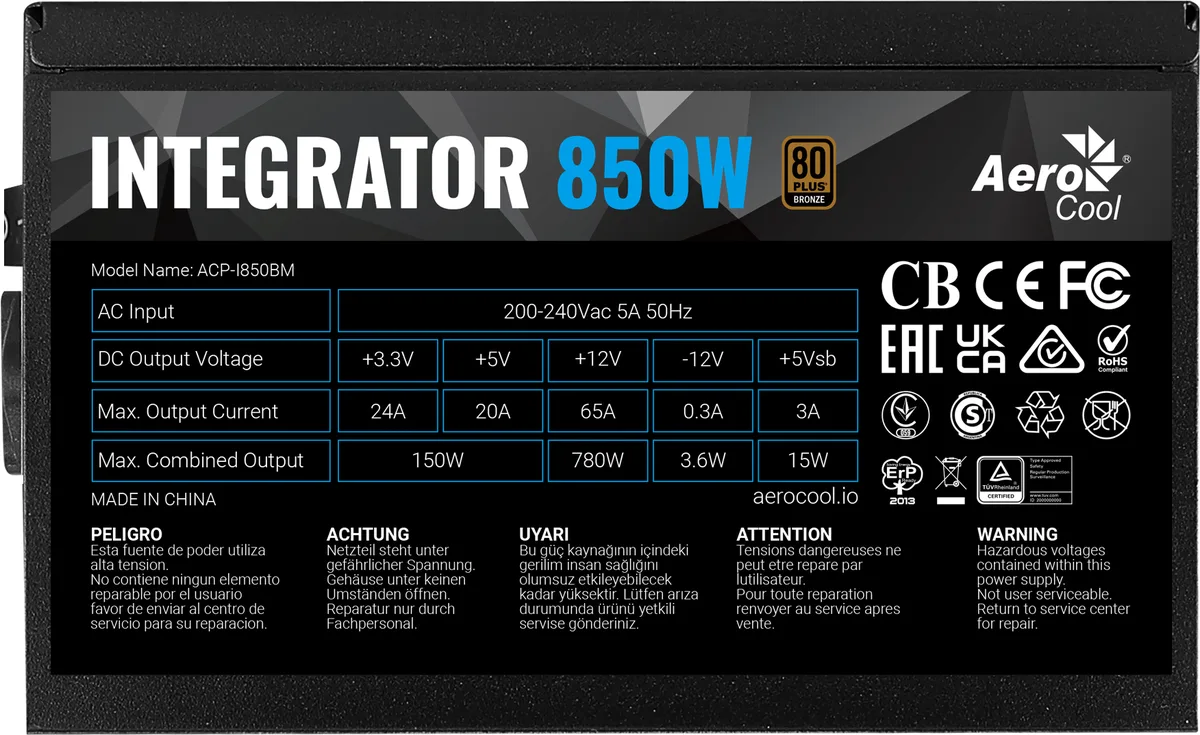 Aerocool Integrator 850W 80 Plus Bronze Semi-Modular Power Supply 6