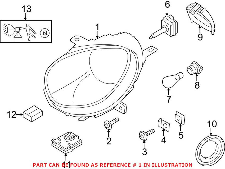 Mini Headlight Assembly - Driver Side (Xenon) (Black) 63129808265