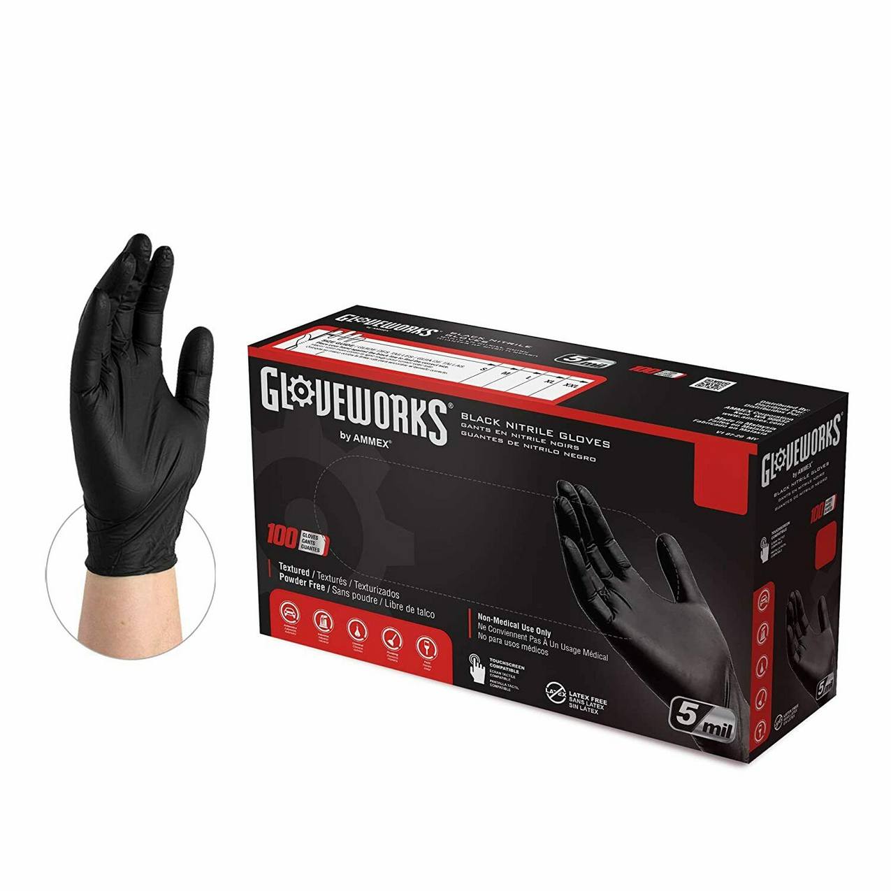 Gloveworks Disposable Nitrile Gloves - Black - Large Box of 100