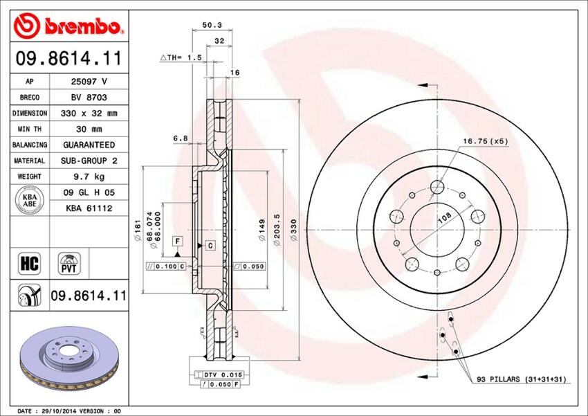 Volvo Brembo Disc Brake Rotor - Front (330mm) 30645222