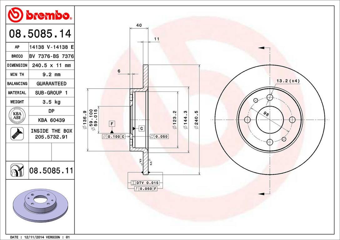 Fiat Disc Brake Rotor - Rear (240mm) 5154238AA Brembo