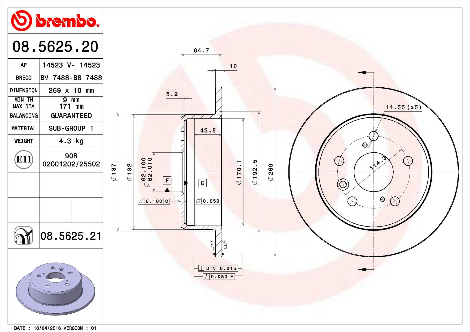 Toyota Lexus Disc Brake Rotor - Rear (269mm) 4243133090 Brembo