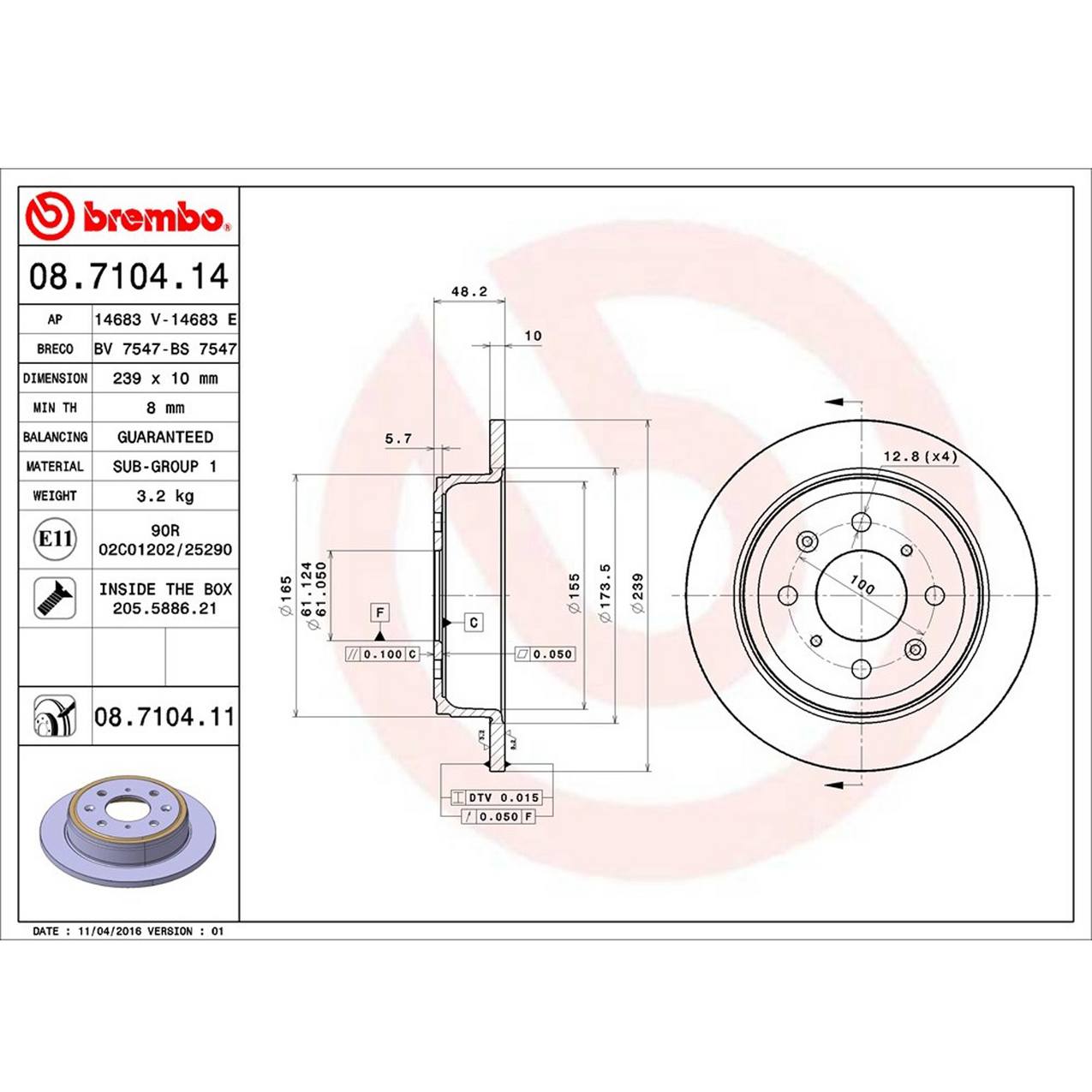 Honda Acura Disc Brake Rotor - Rear (239mm) 42510SK3E00 Brembo