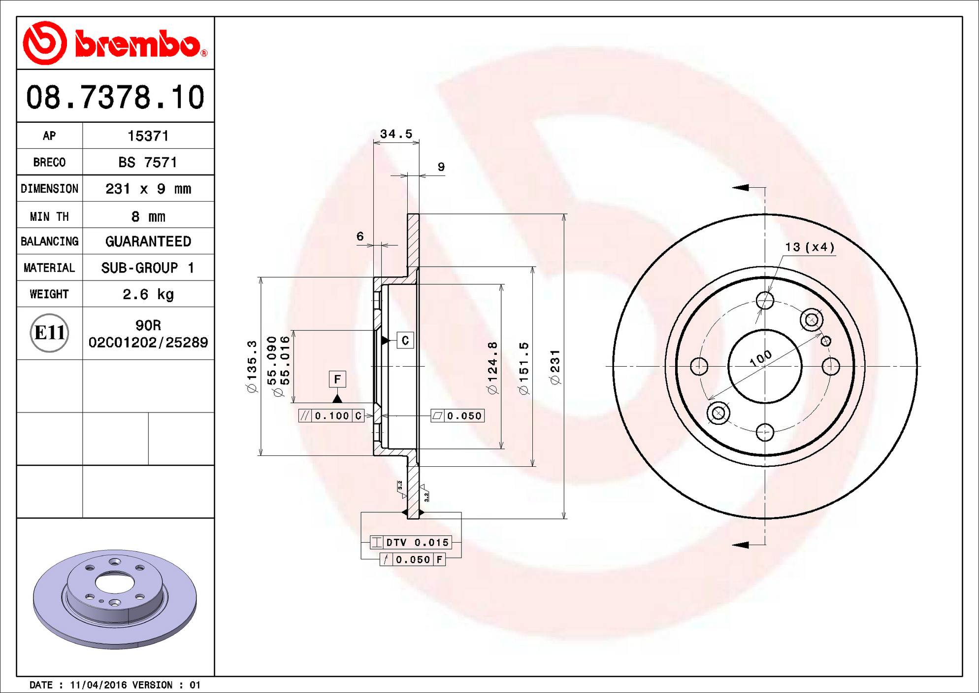 Mazda Disc Brake Rotor - Rear (231mm) NA0126251A Brembo