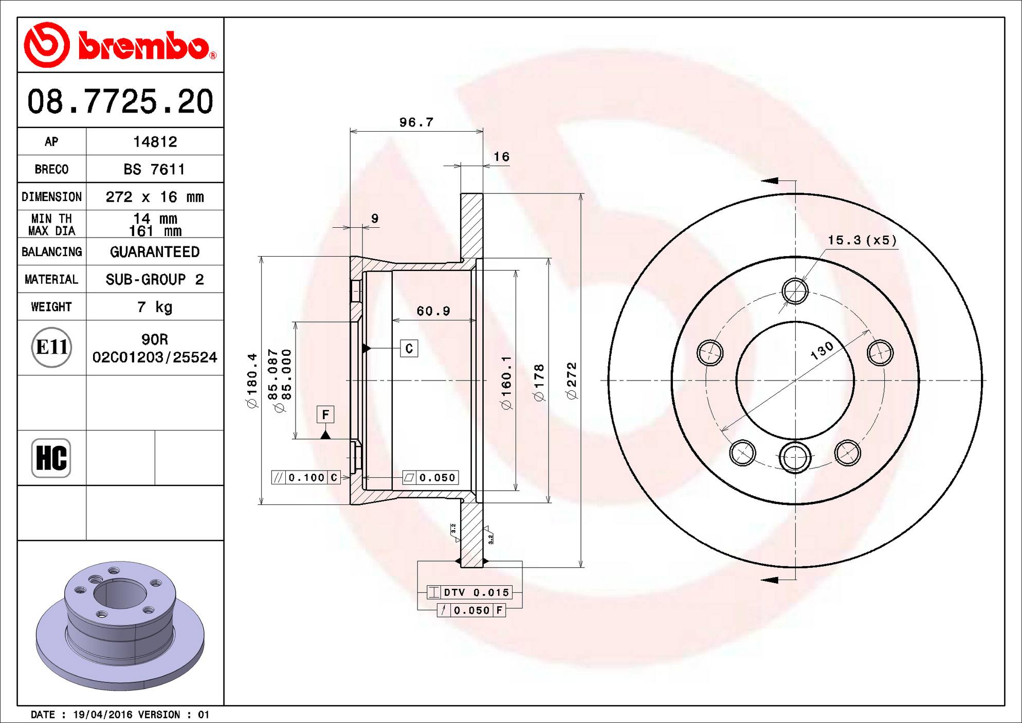 Dodge Mercedes Disc Brake Rotor - Rear (272mm) 9024230612 Brembo