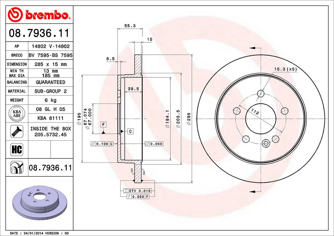 Mercedes Disc Brake Rotor - Rear (285mm) A1634210112 Brembo