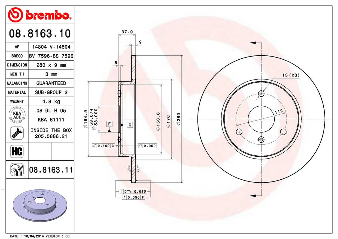 Smart Disc Brake Rotor - Front (280mm) 0004341V003 Brembo