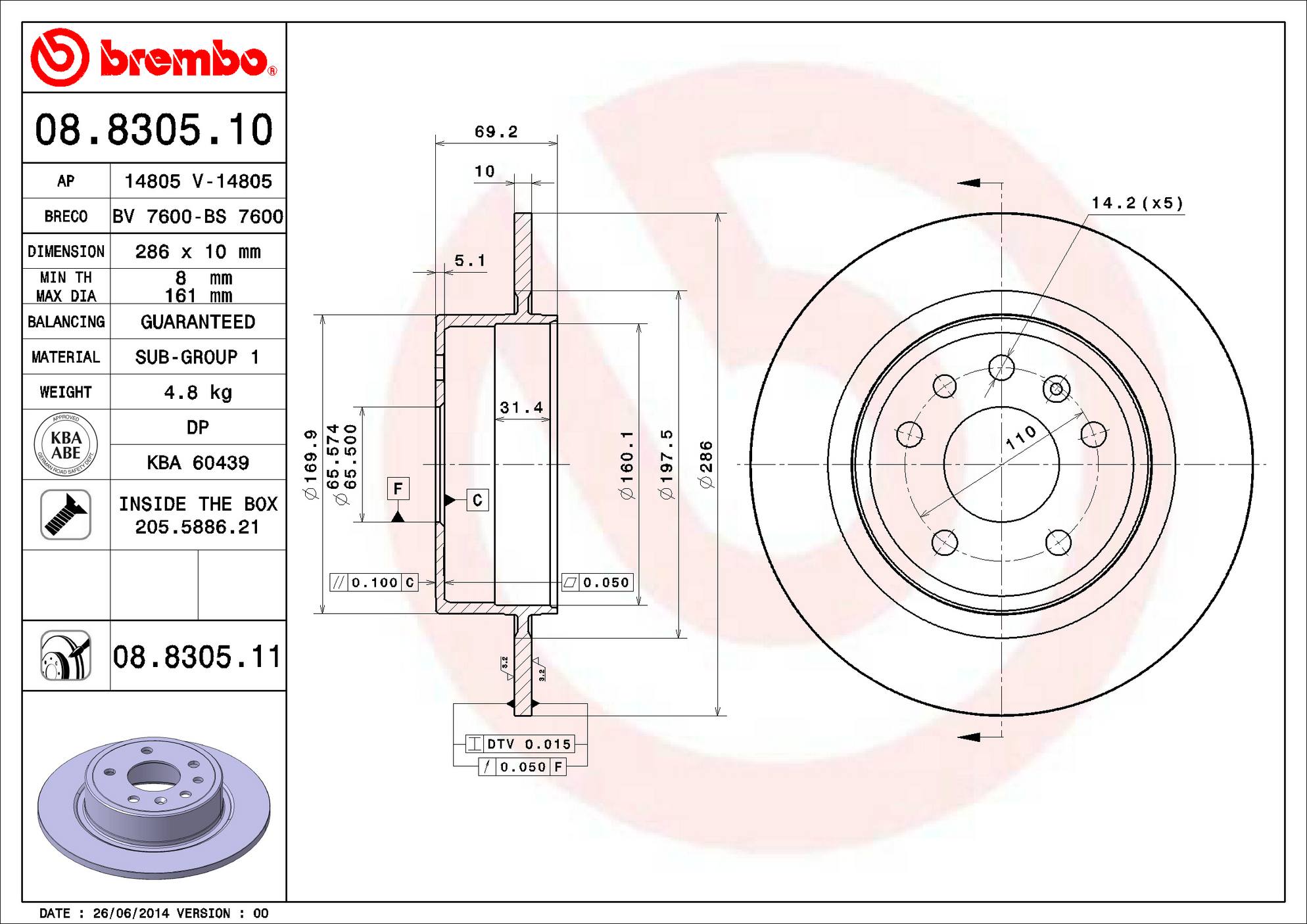 Saab Disc Brake Rotor - Rear (286mm) 5391537 Brembo