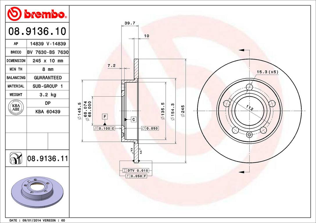 Audi Disc Brake Rotor - Rear (245mm) 8E0615601P Brembo